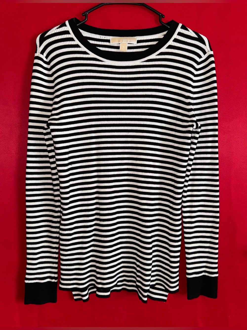 🔥#455-Michael Kors Black/White Striped Lightweight Knit Top Size Small